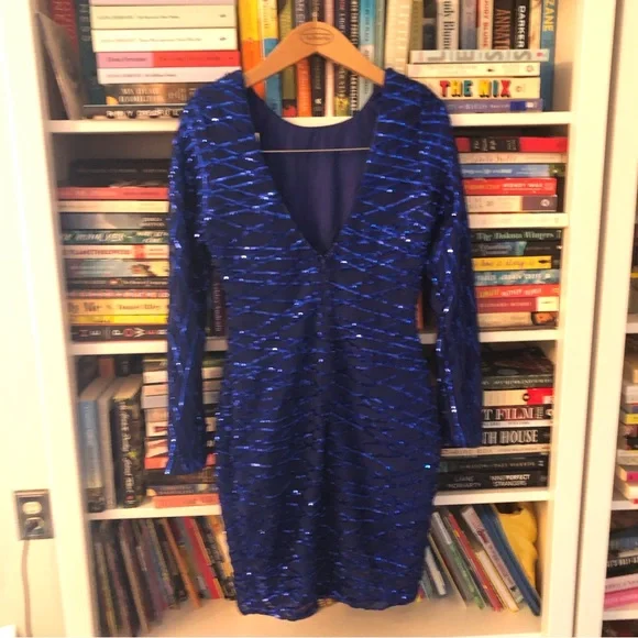 Windsor Blue sequin mini dress long sleeve Medium deep v back - Picture 2 of 7